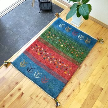 冬入荷】ペルシャ　ギャッベ 玄関　90x63cm レッド グリーン 青 赤 緑 グラデーション RD1887sの画像