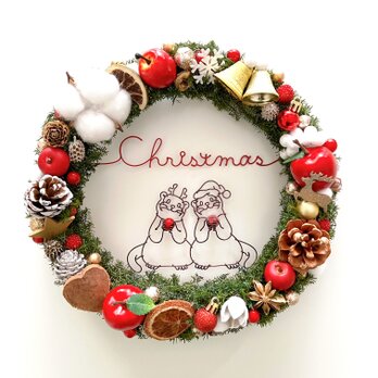 仲良しフェレットサンタとトナカイのChristmasリースの画像