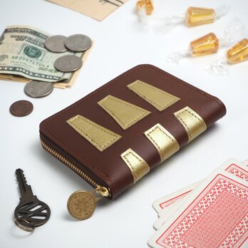 ラウンドファスナー コンパクト 財布（ゴールド/ブラウン)  黄金糖 牛革の画像
