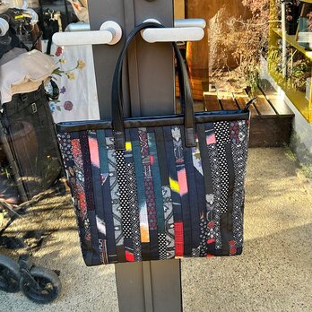 革と古布のパッチワークトート（黒）01021-12