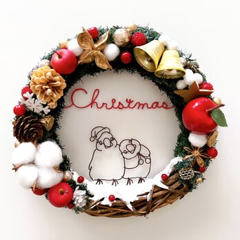 仲良し文鳥サンタさんの雪のChristmasリースの画像