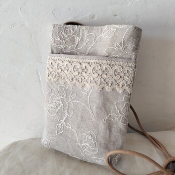 sale リネン*薔薇*刺繍生地*レース*スマホショルダーの画像