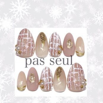 「ツイードネイル」ピンク ブラウンツイード冬 秋 クリスマスシンプルの画像
