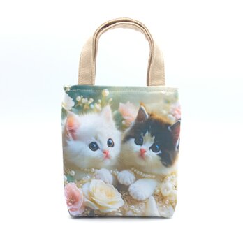 子猫と薔薇柄　パネル生地のミニミニトートバッグ　サブバッグ　　884