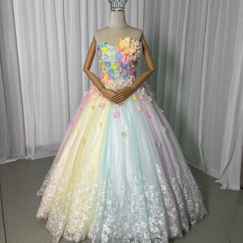 豪華！カラードレス 虹色 プリンセスライン 花モチーフ 3D立体レース刺繍 ファスナー 花嫁 前撮りの画像