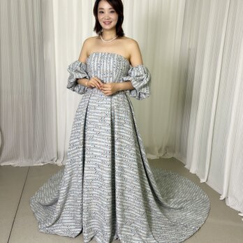 可愛い パーティードレス 爽やかで優しいブルー ツイードドレス 取り外し袖 編み上げ 前撮りの画像