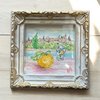 柚子と宮殿(ミニ原画、透明水彩、スペイン、グラナダ、写真立て付き）のコピーの画像