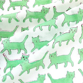 インド ブロックプリント生地 [50cm単位] キャット ライトグリーン ホワイト地03 猫 ねこ IF0141 ファブリックの画像