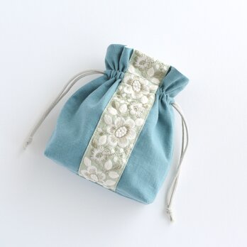 インド刺繍リボンのマチのある巾着ポーチ 　青緑