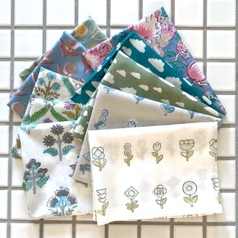 インド ブロックプリント生地 ミニカットクロス10枚セットV.10寒色系 [W34XH40cm]ファブリック花IF0143の画像