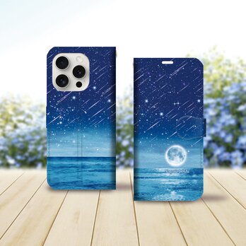 iPhone専用手帳型スマホケース （カメラ穴あり/はめ込み式/スタンド機能付き）【流れ星-星と月と海と】の画像
