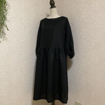 送料無料　リネン100%バルーンスリーブワンピース　ブラックの画像