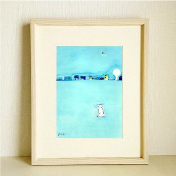 犬イラスト｜原画「家灯り」 ※木製額縁入り（インチサイズ）