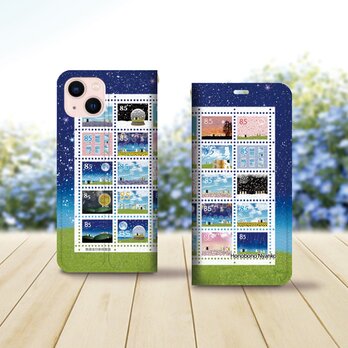 帯なし iPhone 手帳型スマホケース （カメラ穴あり/はめ込みタイプ）【ほのぼのにゃんこ（記念切手シート風デザイン）】の画像