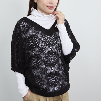 【SALE！！】前後2Way レイヤード 薄手ニット ドルマン トップス　ブラック　0446BKの画像