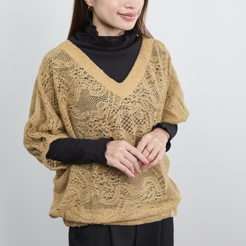 【SALE！！】前後2Way レイヤード 薄手ニット ドルマン トップス　キャメル　0446CAの画像