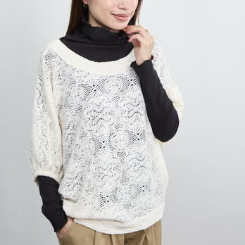 【SALE！！】前後2Way レイヤード 薄手ニット ドルマン トップス　ホワイト　0446WHの画像