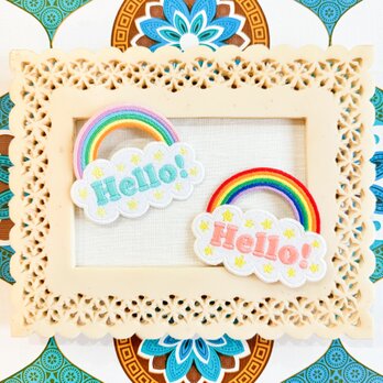 Hallo!レインボーアイロンワッペン・シール両用　パステルorポップ　刺繍ステッカー　虹　雲の画像