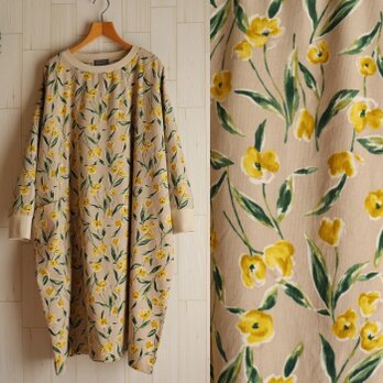 値下げ 黄色 花柄 ワンピース コーデュロイ シャツコール ベージュ系 綿100％ 大きいサイズ 3L 4L 送料無料