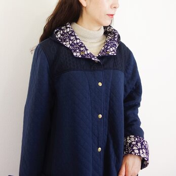 [予約販売] キルトニットnavyとロービングジャガードニットリバティカペル羽織りコートの画像