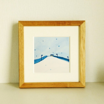 原画「初雪」※木製額縁入り(18×18㎝フレーム）　水彩・絵画・イラストの画像