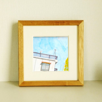 原画「飛行機雲」※木製額縁入り(18×18㎝フレーム）　水彩・絵画・イラストの画像
