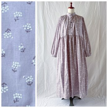 【オールシーズン】レディのためのプラムワンピース（長袖）：120cm丈（野の花：小花：ラベンダー）の画像