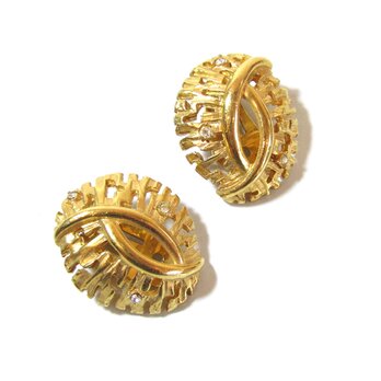 70s Vintage Gold Tone × Rhinestone Feather Design Earringsの画像