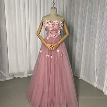 カラードレス ピンク ベアトップ チュールスカート 花モチーフ Aライン 編み上げ 披露宴 花嫁の画像