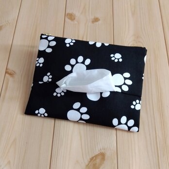 大きめティッシュポーチ　フラット　16cm　内ポケット　猫　肉球　クリスマス　ブラック　　897の画像