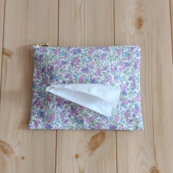 大きめティッシュポーチ　フラット　16cm　内ポケット　クリスマス　小花柄　パープル　　899の画像