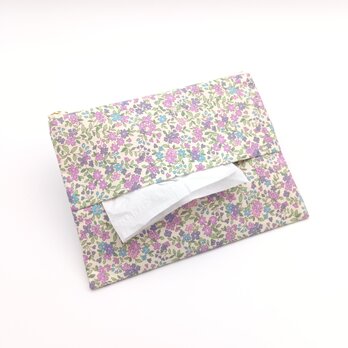 大きめティッシュポーチ　フラット　16cm　内ポケット　クリスマス　小花柄　パープル　　899