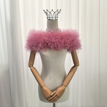 取り外しオフショルダー ピンク 編み上げ ラッフルフリル ふわふわ ソフトチュール 前撮りの画像