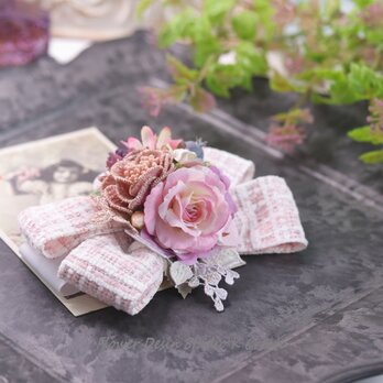 ピンクの薔薇とツイードリボンのヘアクリップ　リボン　お洒落　結婚式　入学式　卒業式　お茶会　ピンク　ロリータ　イベントの画像