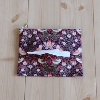 V&Aウィリアムモリス　大きめティッシュポーチ　フラット　16cm　内ポケット　クリスマス　いちご泥棒　ワインレッド　　900