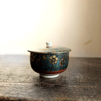 青粒と金の花唐草◆九谷焼　青粒金彩蓋付湯呑み　器　暮らし　茶器　古民家　工芸品　昭和レトロ #2　の画像