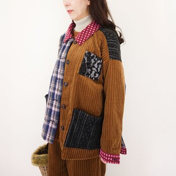 コーデュロイとネルタータンパッチドロップ羽織りシャツ（セットアップにもなります）の画像