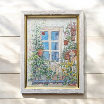 楽しい窓辺（油絵F4号、原画、額付き）の画像