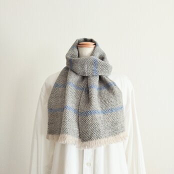 灰色x水色/手織りマフラー/やや小ぶりサイズ