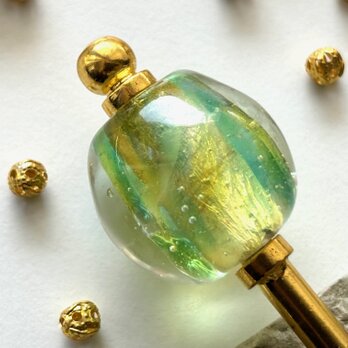 かんざし　黄色とグリーンの水玉模様のとんぼ玉　一本挿し　一本簪　緑　涼しげ　和風　クリームソーダ　トンボ玉の画像