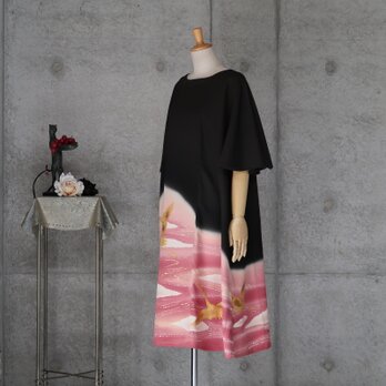 フリル袖の黒留チュニックワンピース/　フリーサイズ　 着物リメイク　 kimonoの画像