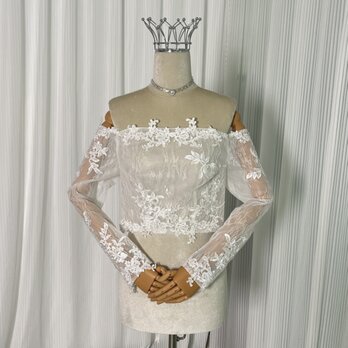 ボレロ オフショルダー ロングスリーブ 花モチーフ レース 編み上げ 花嫁/ウェディングドレスの画像