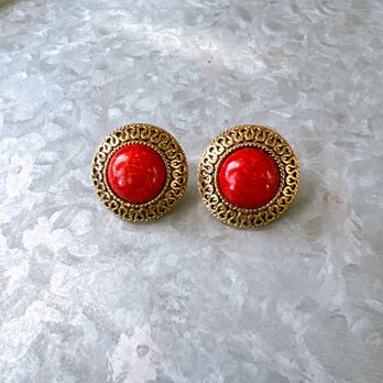 PN34-【 Napier 】ネイピア・ヴィンテージピアス 1980s Red Marble Cabochonの画像