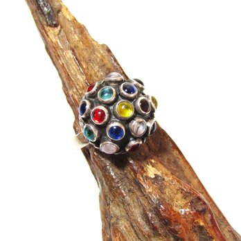Vintage MEXICO Semispherical Multi Color Glass Silver 925 Ringの画像