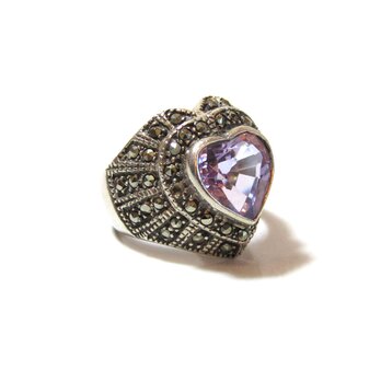 Vintage Amethyst & Malkajit Heart Design Silver 925 Ringの画像