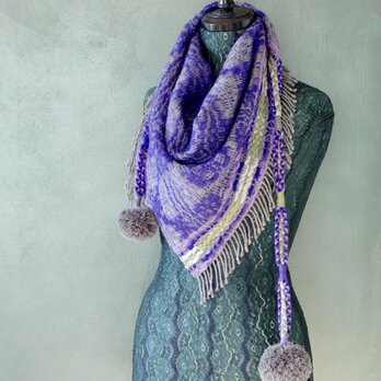手織り オーバーショット織 ポンポンマフラー Handwoven TMMS24163の画像