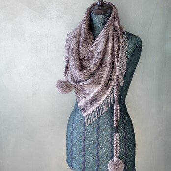 手織り オーバーショット織 ポンポンマフラー Handwoven TMMS24164の画像