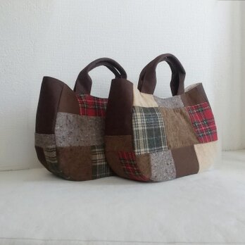 ウールブラウン系パッチx帆布の三日月ハンドバッグ