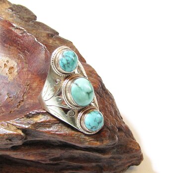 Vintage Triple Turquoise Silver 925 Indian Jewelry Ringの画像