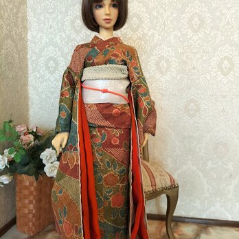 SD13タイプ用　振袖セット　新品正絹ブルーブラウン現代柄の画像